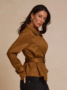Glamine Elegant Textured Lapel Waist-Cinching Short Jacket Gathered Asymmetrical Hem Wide Square Buckle Belt Brown Office Everyday Thanksgiving Fall - Brown - View 4