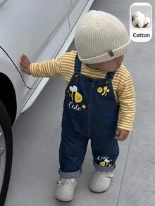 SHEIN 男女嬰兒/男嬰秋冬保暖內裡加厚休閒可愛小蜜蜂圖案牛仔吊帶褲、牛仔褲、嬰兒牛仔吊帶褲 - 藍色 - 查看 6
