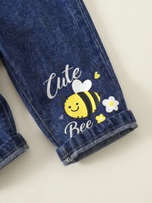 SHEIN 男女嬰兒/男嬰秋冬保暖內裡加厚休閒可愛小蜜蜂圖案牛仔吊帶褲、牛仔褲、嬰兒牛仔吊帶褲 - 藍色 - 查看 5