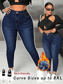 SHEIN CURVE+ Plus Size Casual Washed Slim Fit Jeans - Blue - View 7