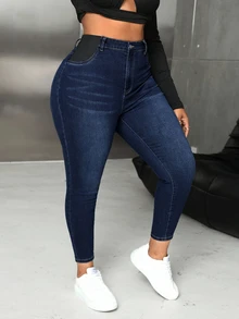 SHEIN CURVE+ Plus Size Casual Washed Slim Fit Jeans - Blue - View 6