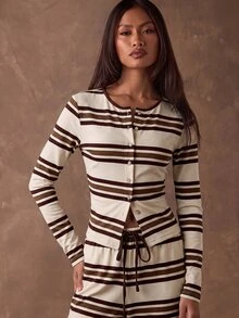 SHEIN BAE 女款條紋圓領長袖單排扣休閒T恤 - 杏色 - 查看 7