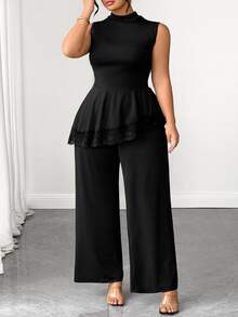 Elenzga Plus Size Women's Elegant Minimalist Commute Versatile Lace Patchwork Asymmetrical Hem Long Pants Sleeveless Stand Collar 2-Piece Set - Black - View 5