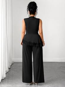 Elenzga Plus Size Women's Elegant Minimalist Commute Versatile Lace Patchwork Asymmetrical Hem Long Pants Sleeveless Stand Collar 2-Piece Set - Black - View 2