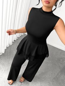 Elenzga Plus Size Women's Elegant Minimalist Commute Versatile Lace Patchwork Asymmetrical Hem Long Pants Sleeveless Stand Collar 2-Piece Set - Black - View 6