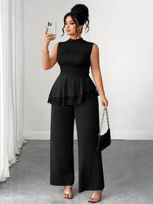 Elenzga Plus Size Women's Elegant Minimalist Commute Versatile Lace Patchwork Asymmetrical Hem Long Pants Sleeveless Stand Collar 2-Piece Set - Black - View 8