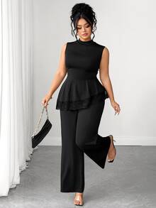 Elenzga Plus Size Women's Elegant Minimalist Commute Versatile Lace Patchwork Asymmetrical Hem Long Pants Sleeveless Stand Collar 2-Piece Set - Black - View 3