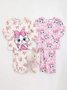 SHEIN Baby Girl Cartoon Pattern Cute Fitted Loungewear Set 4pcs Thermal Lined Brushed Thick For Winter - Pink - View 6