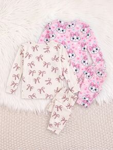SHEIN Baby Girl Cartoon Pattern Cute Fitted Loungewear Set 4pcs Thermal Lined Brushed Thick For Winter - Pink - View 2