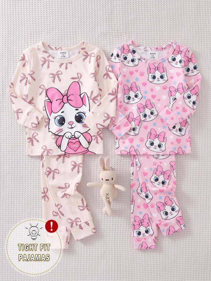 SHEIN Baby Girl Cartoon Pattern Cute Fitted Loungewear Set 4pcs Thermal Lined Brushed Thick For Winter - Pink - View 1