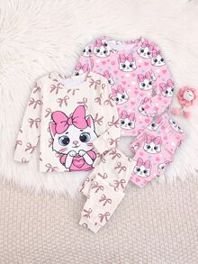 SHEIN Baby Girl Cartoon Pattern Cute Fitted Loungewear Set 4pcs Thermal Lined Brushed Thick For Winter - Pink - View 4