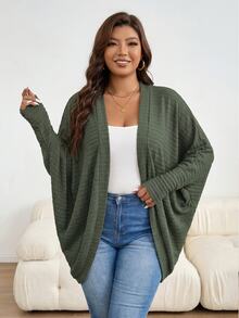 Shapeblank 大尺碼休閒優雅修身鬆款羅紋針織開襟毛衣外套，女款秋冬辦公正式開襟衫，秋季/冬季衣著 - 軍綠色 - 查看 5