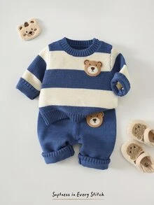 Cozy Pixies Newborn Baby Cute Bear Applique Embroidery Contrast Color Long Sleeve Sweater And Autumn Winter Pants Set - Blue and White - View 4