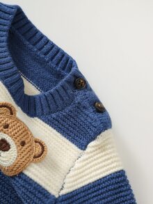 Cozy Pixies Newborn Baby Cute Bear Applique Embroidery Contrast Color Long Sleeve Sweater And Autumn Winter Pants Set - Blue and White - View 9