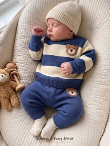 Cozy Pixies Newborn Baby Cute Bear Applique Embroidery Contrast Color Long Sleeve Sweater And Autumn Winter Pants Set - Blue and White - View 8