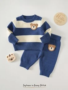 Cozy Pixies Newborn Baby Cute Bear Applique Embroidery Contrast Color Long Sleeve Sweater And Autumn Winter Pants Set - Blue and White - View 5