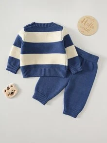 Cozy Pixies Newborn Baby Cute Bear Applique Embroidery Contrast Color Long Sleeve Sweater And Autumn Winter Pants Set - Blue and White - View 3
