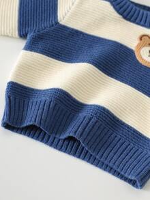 Cozy Pixies Newborn Baby Cute Bear Applique Embroidery Contrast Color Long Sleeve Sweater And Autumn Winter Pants Set - Blue and White - View 6