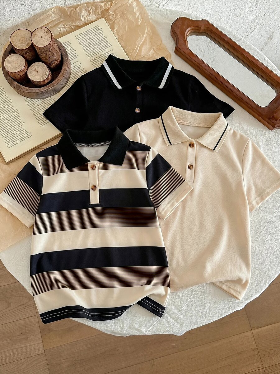 SHEIN 兒童男童休閒3件套 Polo衫 波西米亞風 舒適 開學季 畢業禮服 婚禮生日派對 夏季舒適穿搭