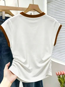 Resyla Women's Round Neck Contrast Trim Faux Pearl Decor Floral Embroidery Pattern Casual Versatile Daily Wear Top - Multicolor - View 2