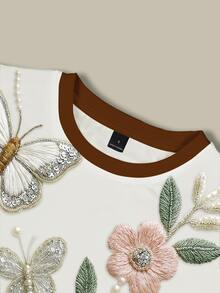 Resyla Women's Round Neck Contrast Trim Faux Pearl Decor Floral Embroidery Pattern Casual Versatile Daily Wear Top - Multicolor - View 3