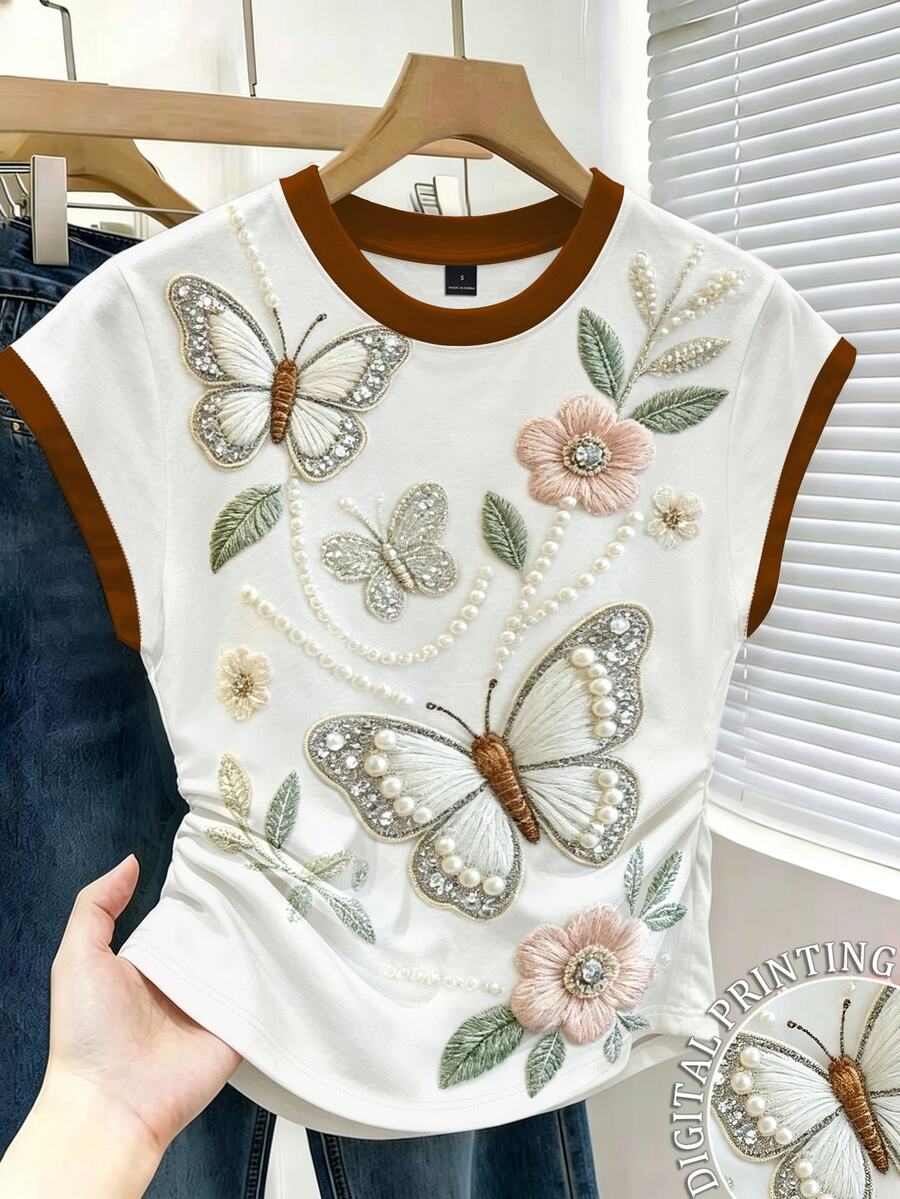 Resyla Women's Round Neck Contrast Trim Faux Pearl Decor Floral Embroidery Pattern Casual Versatile Daily Wear Top - Multicolor - View 1