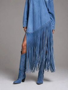 LUMIGAL Women's High Neck Denim Effect Print Tassel Loose Fit Dress - Blue - View 6