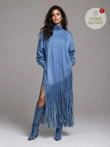 LUMIGAL Women's High Neck Denim Effect Print Tassel Loose Fit Dress - Blue - View 3