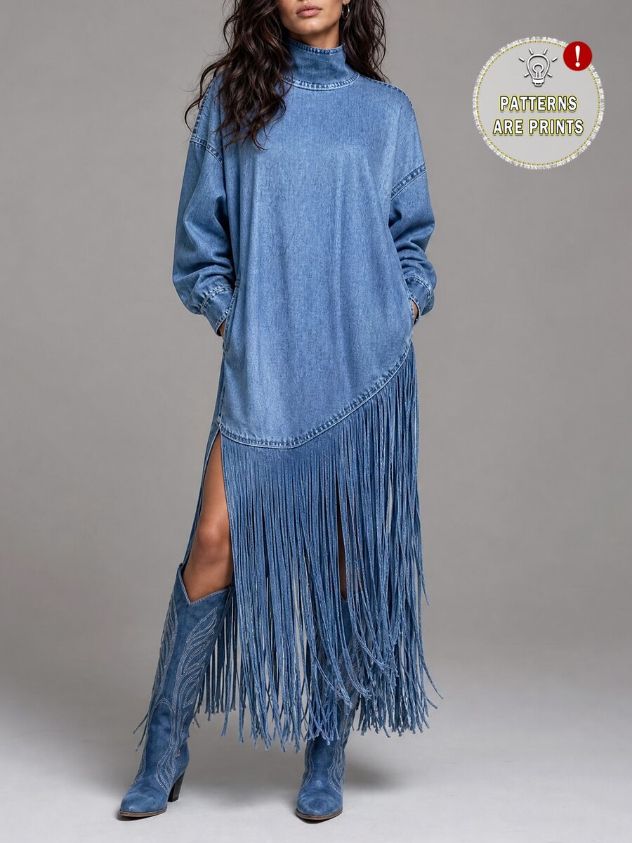 LUMIGAL Women's High Neck Denim Effect Print Tassel Loose Fit Dress - Blue - View 1