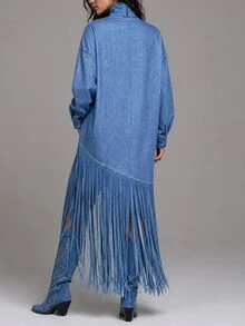 LUMIGAL Women's High Neck Denim Effect Print Tassel Loose Fit Dress - Blue - View 2