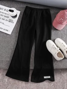 SHEIN 少女針織純色修身休閒喇叭褲 - 黑色 - 查看 2