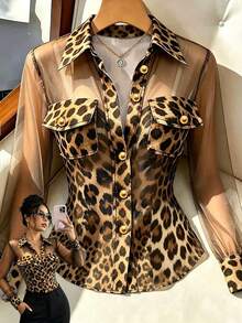 Selianne Women's Sexy Mesh Patchwork Sheer Leopard Print Button T-Shirt - Multicolor - View 1