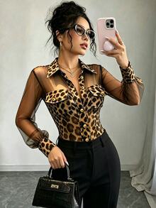 Selianne Women's Sexy Mesh Patchwork Sheer Leopard Print Button T-Shirt - Multicolor - View 5