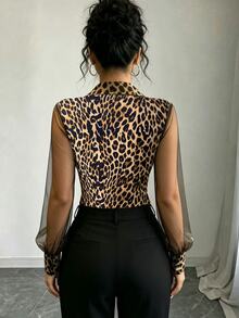 Selianne Women's Sexy Mesh Patchwork Sheer Leopard Print Button T-Shirt - Multicolor - View 2