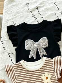 SHEIN Vintaside Kids 1 Pc Random, Colorful Small Hearts, Gentle Khaki Stripes, 3D Bow Pattern, Young Girl Casual Simple Versatile Round Neck Cap Sleeve T-Shirt, Suitable For Spring/Summer Daily Wear, Travel, Vacation - Multicolor - View 3