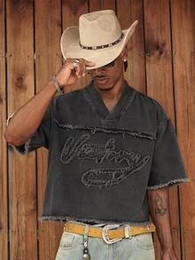 CalleClaro Men's Letter Patchwork V-Neck Short Sleeve Frayed Hem Denim Top - Black - View 7