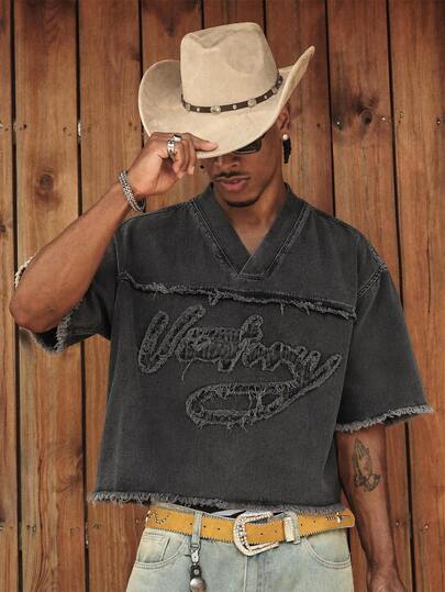 CalleClaro Men's Letter Patchwork V-Neck Short Sleeve Frayed Hem Denim Top