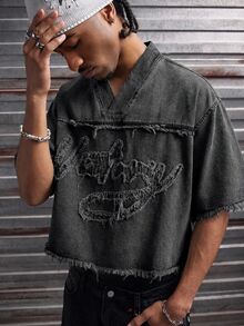 CalleClaro Men's Letter Patchwork V-Neck Short Sleeve Frayed Hem Denim Top - Black - View 3