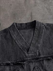 CalleClaro Men's Letter Patchwork V-Neck Short Sleeve Frayed Hem Denim Top - Black - View 6