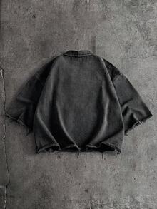 CalleClaro Men's Letter Patchwork V-Neck Short Sleeve Frayed Hem Denim Top - Black - View 2