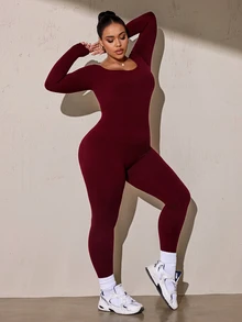 Solea Cove Plus Size Solid Color Backless Slim Fit Sports Jumpsuit Fall - Burgundy - View 5