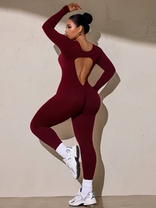 Solea Cove Plus Size Solid Color Backless Slim Fit Sports Jumpsuit Fall - Burgundy - View 2