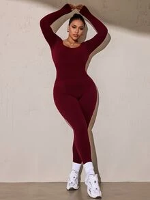 Solea Cove Plus Size Solid Color Backless Slim Fit Sports Jumpsuit Fall - Burgundy - View 3