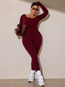 Solea Cove Plus Size Solid Color Backless Slim Fit Sports Jumpsuit Fall - Burgundy - View 7