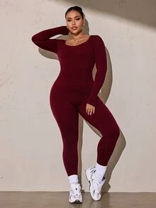 Solea Cove Plus Size Solid Color Backless Slim Fit Sports Jumpsuit Fall - Burgundy - View 4