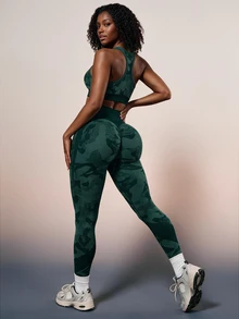 SHEIN Sports Women's Seamless Cropped Cut-Out Tank Top And Leggings Sports Set Gym Workout Dark Green Summer Sporty Athleisure - Green - View 1