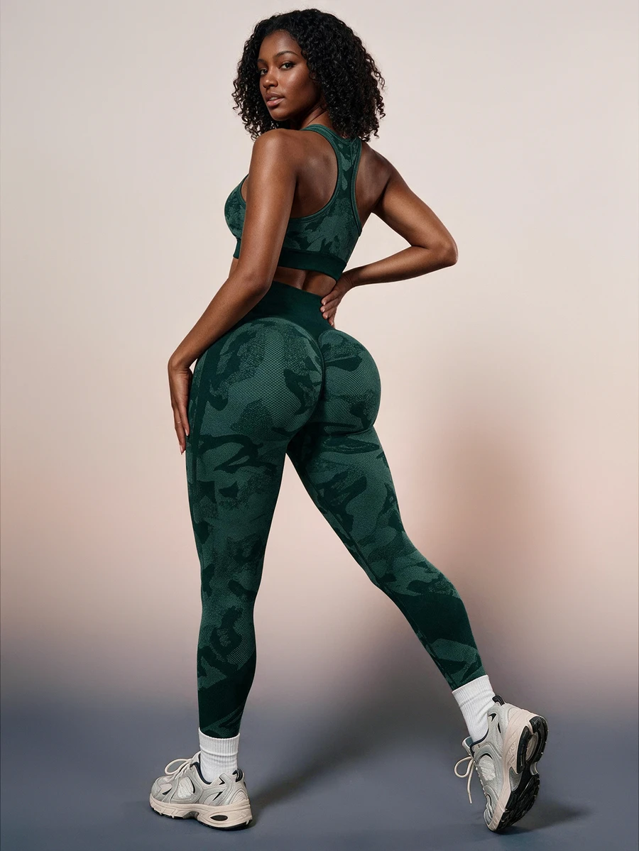 SHEIN Sports Women's Seamless Cropped Cut-Out Tank Top And Leggings Sports Set Gym Workout Dark Green Summer Sporty Athleisure - Green - View 1