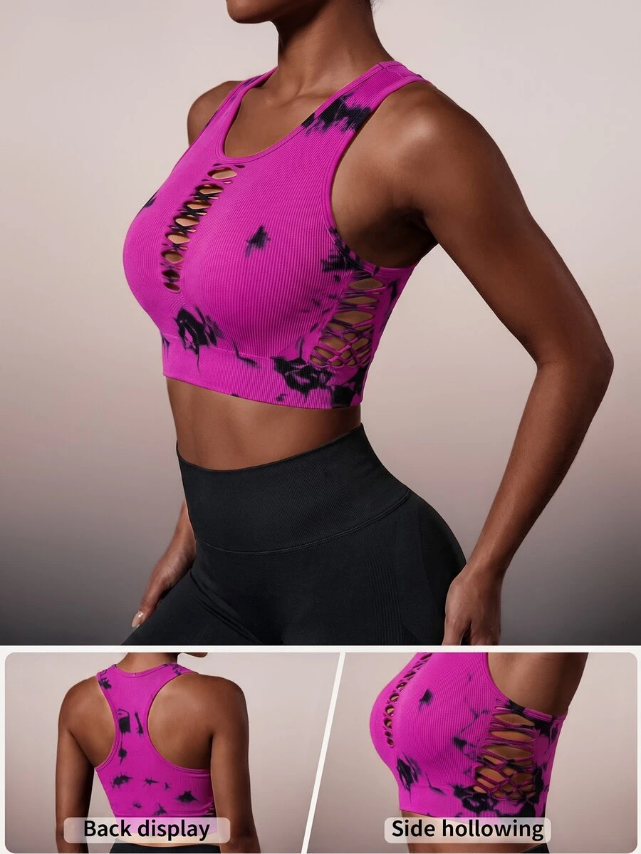 SHEIN Sports 女款夏季紮染印花交叉鏤空賽車背無縫運動背心上衣 - 彩色 - 查看 1