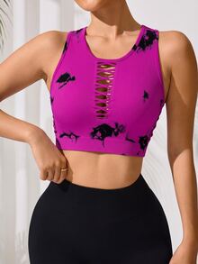 SHEIN Sports 女款夏季紮染印花交叉鏤空賽車背無縫運動背心上衣 - 彩色 - 查看 4