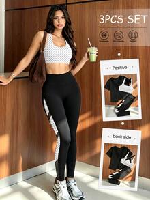 FavEase 女款波點印花內衣、純色短袖T恤與緊身褲運動套裝 - 彩色 - 查看 1